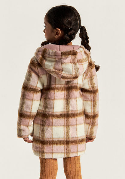 Eligo Checked Long Sleeves Jacket with Hood and Faux Fur Detail