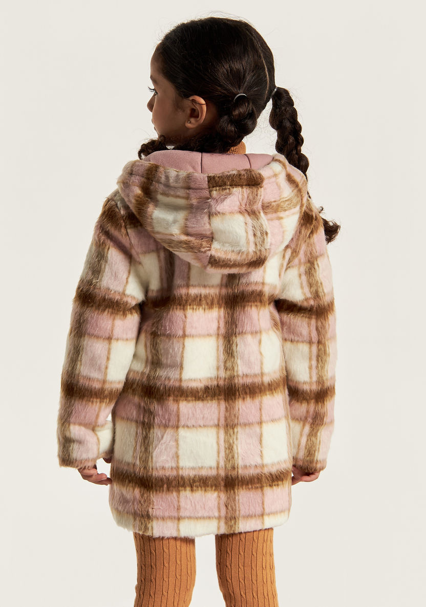 Eligo Checked Long Sleeves Jacket with Hood and Faux Fur Detail-Coats and Jackets-image-3