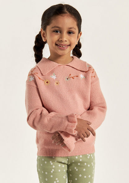 Eligo Floral Embroidered Pullover with Collar and Long Sleeves