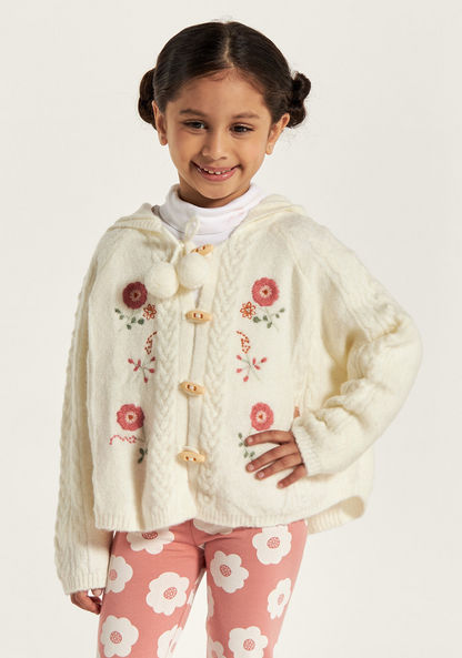 Eligo Floral Embroidered Cardigan with Hood and Long Sleeves