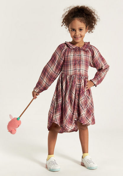 Lee Cooper Checked Dress with Peter Pan Collar and Long Sleeves-Dresses%2C Gowns and Frocks-image-0