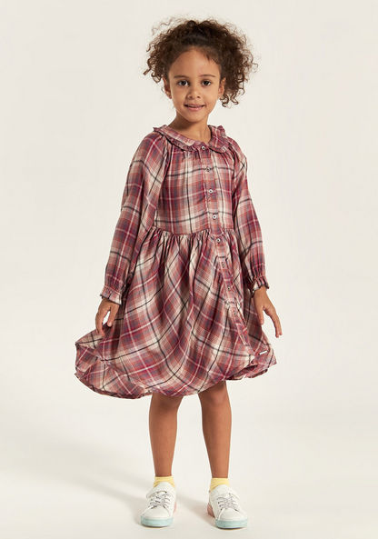 Lee Cooper Checked Dress with Peter Pan Collar and Long Sleeves-Dresses%2C Gowns and Frocks-image-1