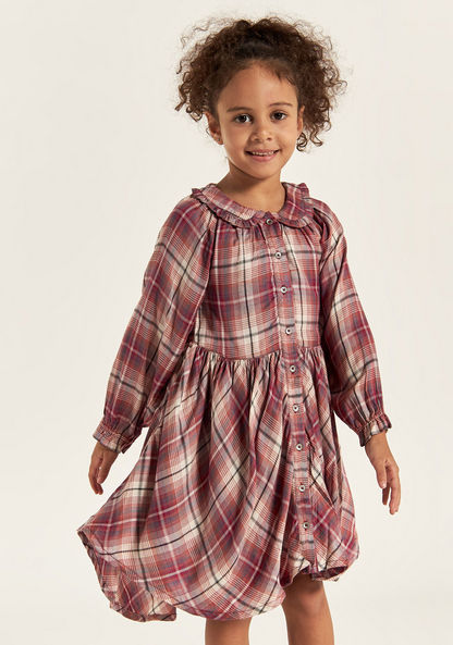 Lee Cooper Checked Dress with Peter Pan Collar and Long Sleeves-Dresses%2C Gowns and Frocks-image-2
