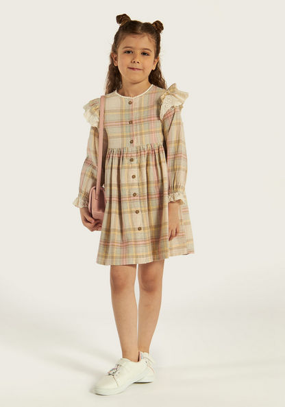 Lee Cooper Checked Dress with Long Sleeves and Ruffle Detail