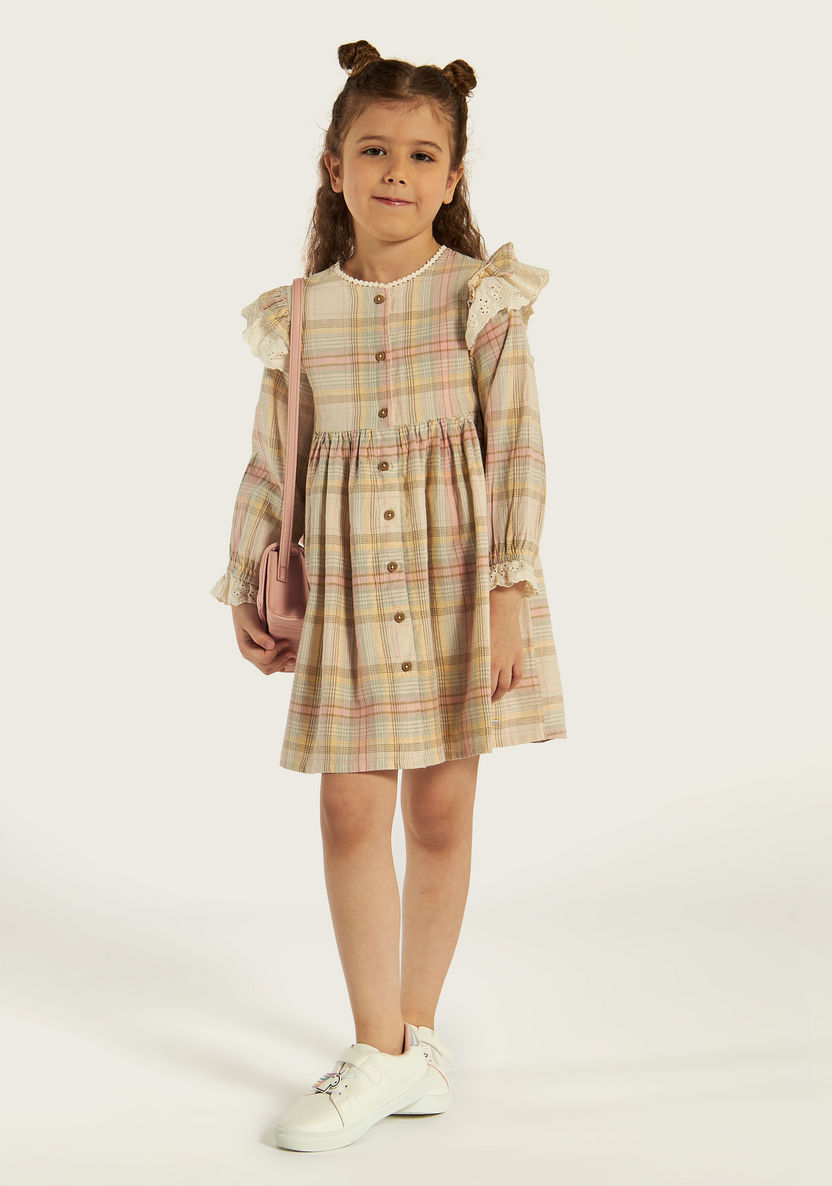Lee Cooper Checked Dress with Long Sleeves and Ruffle Detail-Dresses, Gowns & Frocks-image-0