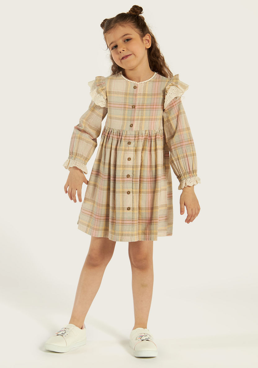 Lee Cooper Checked Dress with Long Sleeves and Ruffle Detail-Dresses, Gowns & Frocks-image-1