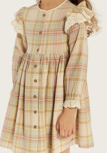 Lee Cooper Checked Dress with Long Sleeves and Ruffle Detail-Dresses%2C Gowns and Frocks-image-2