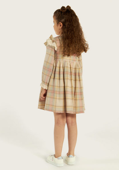Lee Cooper Checked Dress with Long Sleeves and Ruffle Detail
