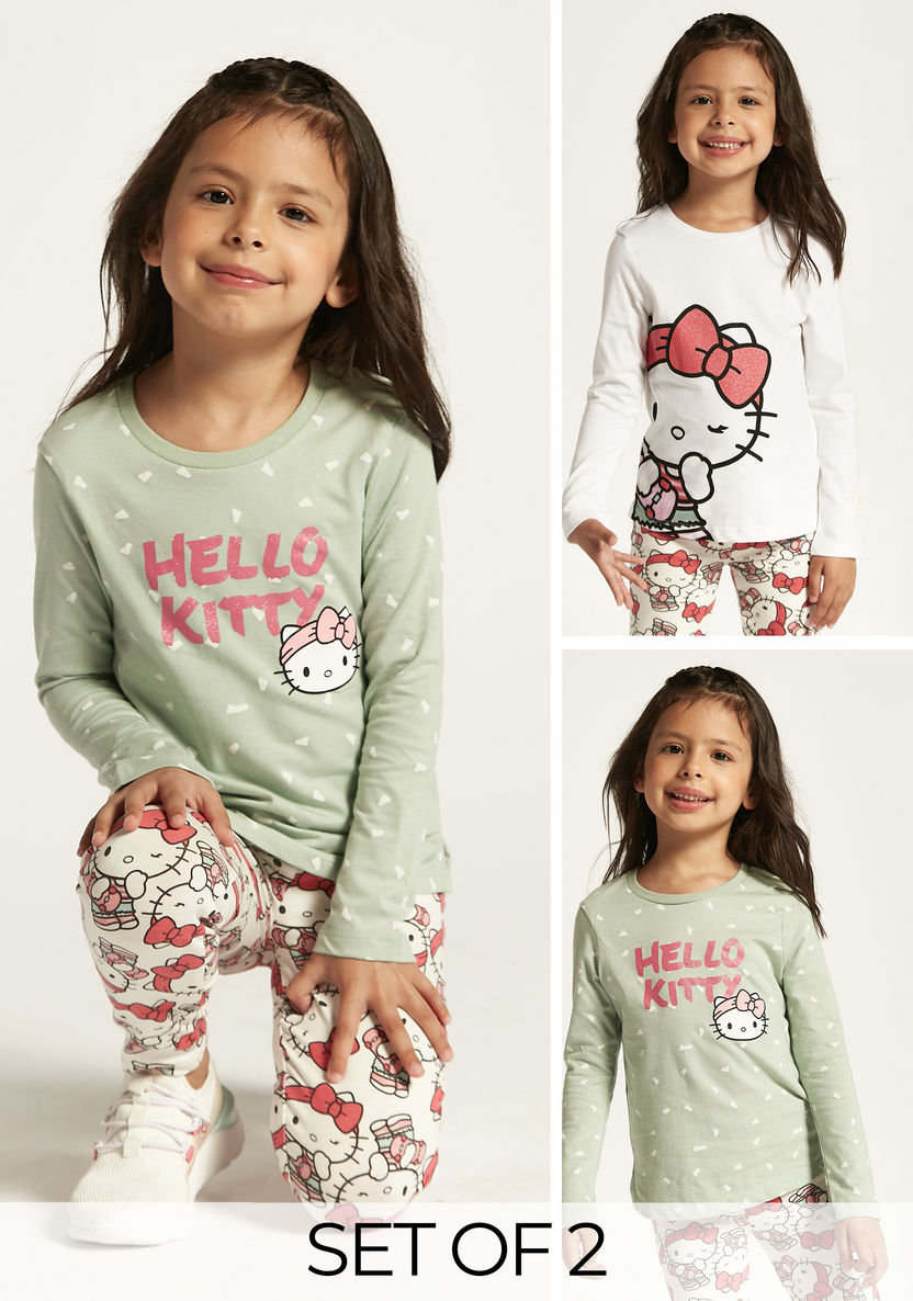 Sanrio Hello Kitty Print Round Neck T-shirt with Long Sleeves - Set of 2-T Shirts-image-0