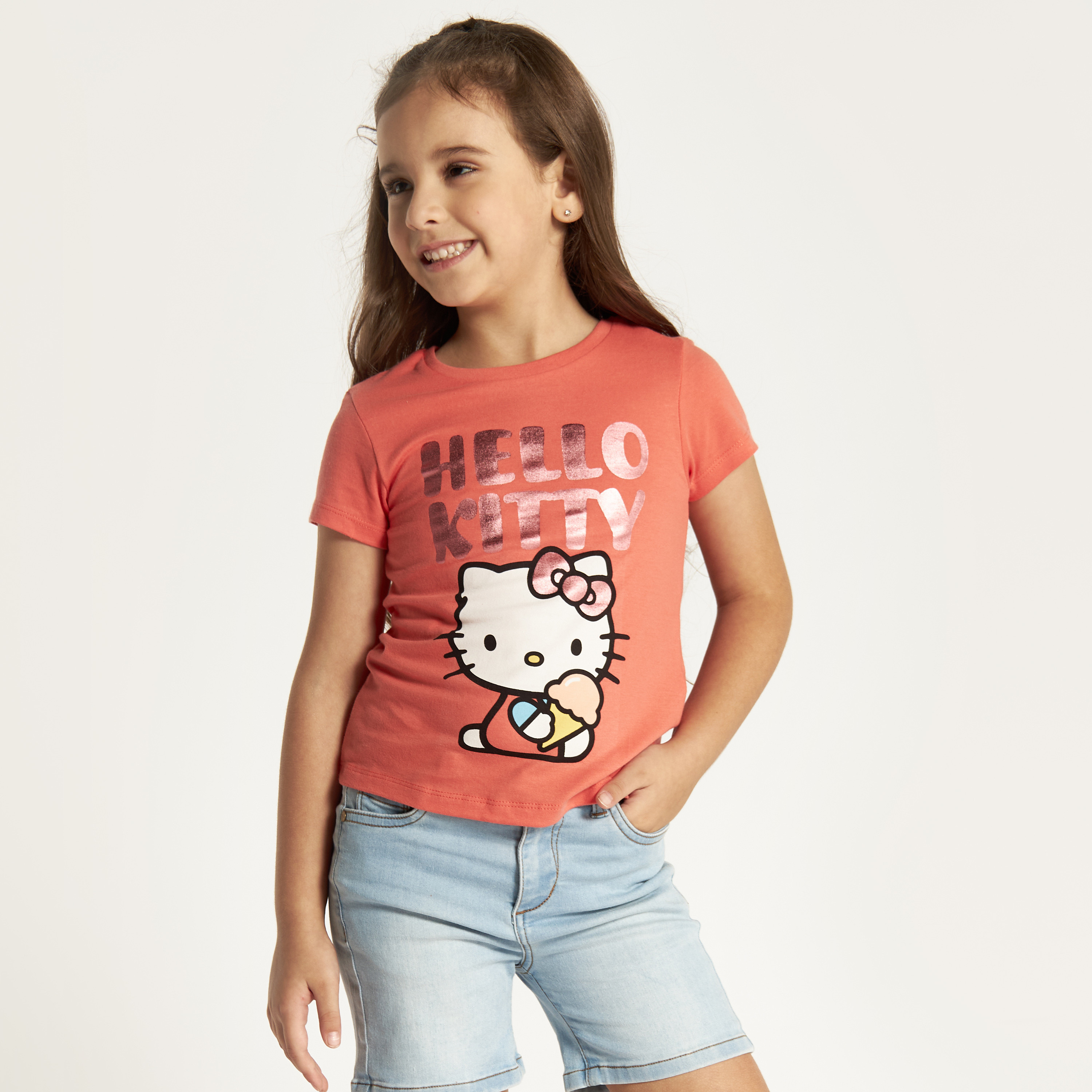 Sanrio Hello Kitty Print T-shirt with Crew Neck and Short Sleeves-girls-clothing-tshirts-image-1