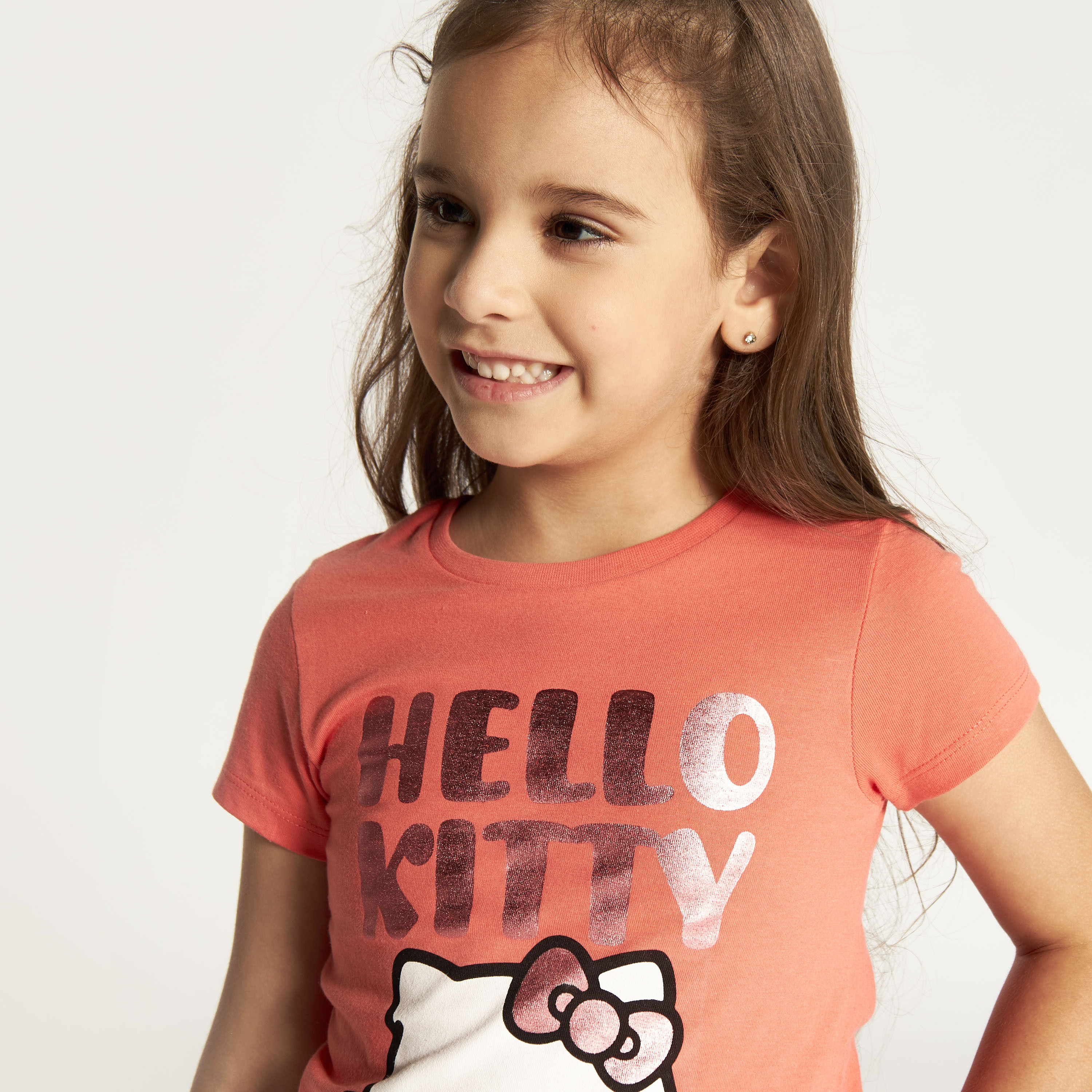 Sanrio Hello Kitty Print T-shirt with Crew Neck and Short Sleeves-girls-clothing-tshirts-image-3