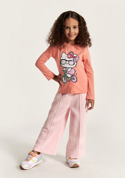Sanrio Hello Kitty Print T-shirt with Crew Neck and Long Sleeves-T Shirts-image-0