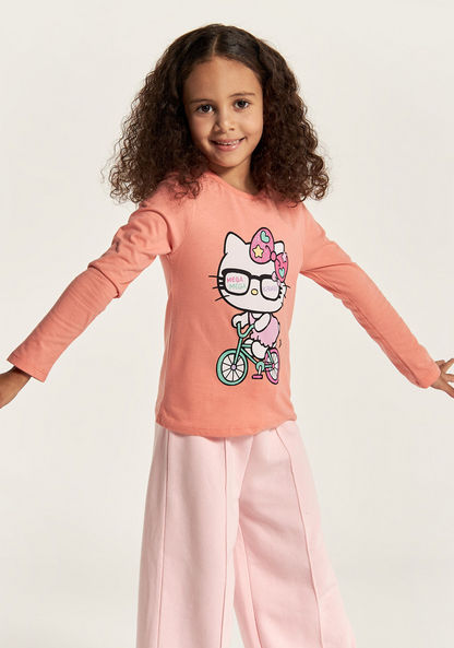 Sanrio Hello Kitty Print T-shirt with Crew Neck and Long Sleeves