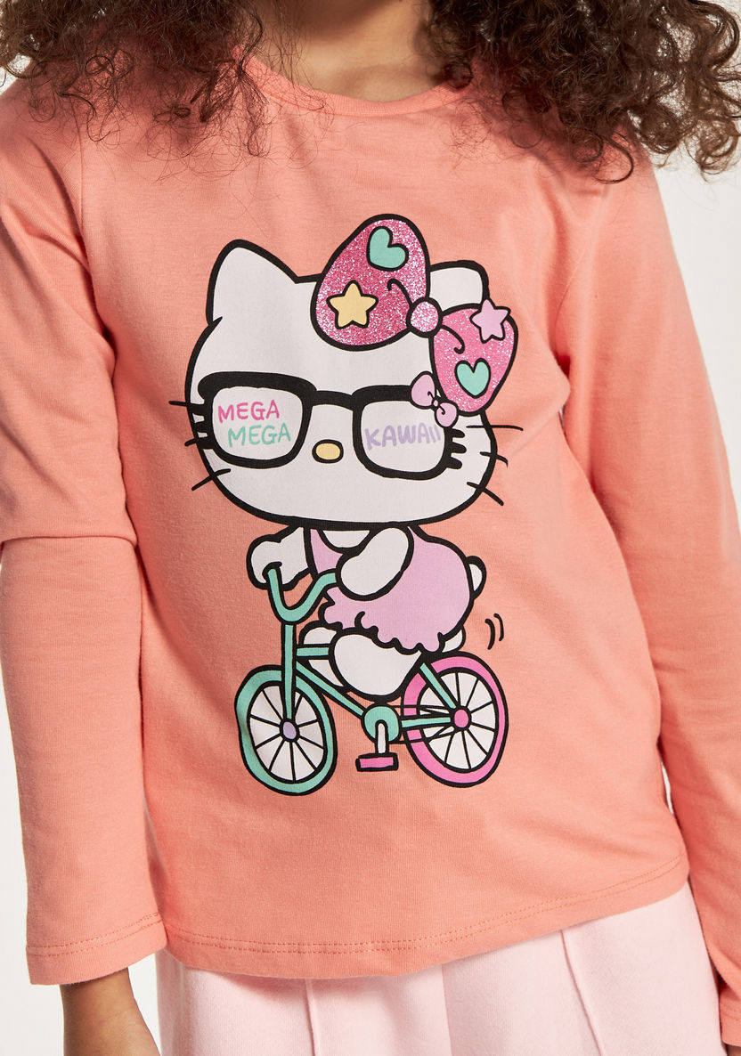 Sanrio Hello Kitty Print T-shirt with Crew Neck and Long Sleeves-T Shirts-image-2