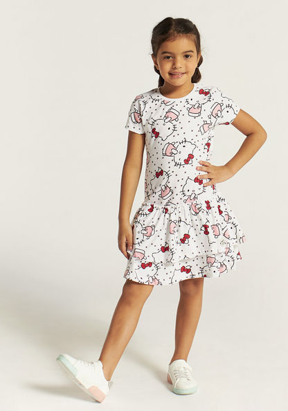 Sanrio Hello Kitty Print Tiered Dress with Crew Neck and Short Sleeves