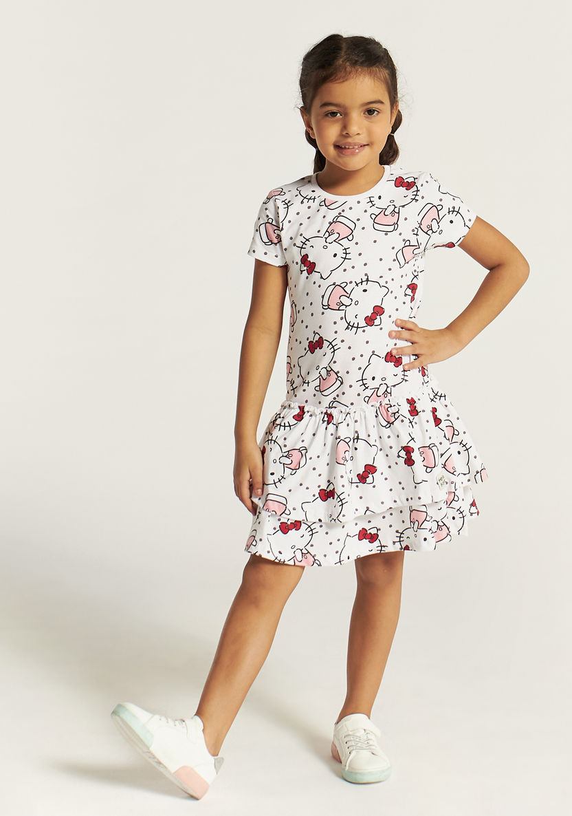 Sanrio Hello Kitty Print Tiered Dress with Crew Neck and Short Sleeves-Dresses, Gowns & Frocks-image-0