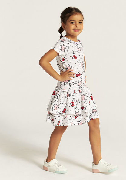 Sanrio Hello Kitty Print Tiered Dress with Crew Neck and Short Sleeves