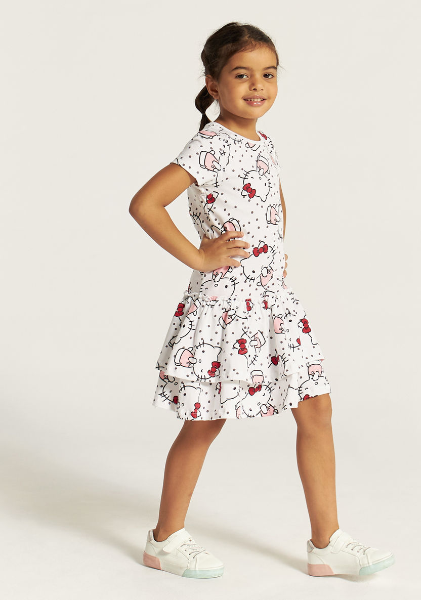 Sanrio Hello Kitty Print Tiered Dress with Crew Neck and Short Sleeves-Dresses, Gowns & Frocks-image-1