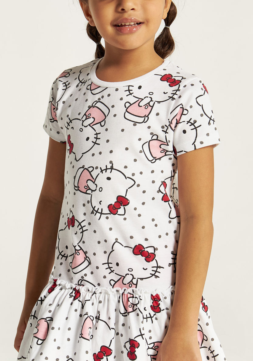 Sanrio Hello Kitty Print Tiered Dress with Crew Neck and Short Sleeves-Dresses, Gowns & Frocks-image-2