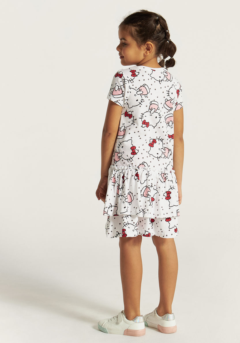 Sanrio Hello Kitty Print Tiered Dress with Crew Neck and Short Sleeves-Dresses, Gowns & Frocks-image-3