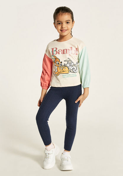 Disney Bambi Print Crew Neck T-shirt with Long Sleeves and Elasticated Cuff