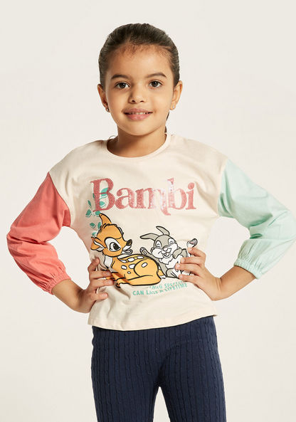 Disney Bambi Print Crew Neck T-shirt with Long Sleeves and Elasticated Cuff