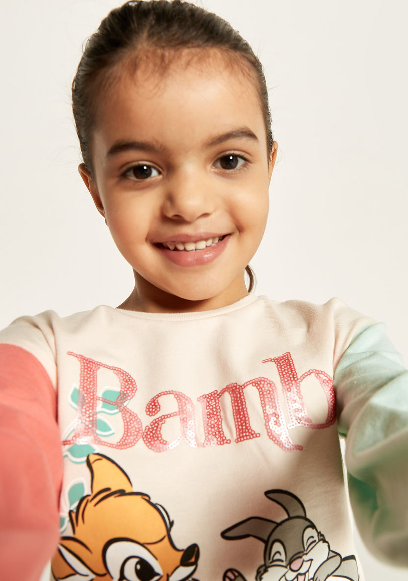 Disney Bambi Print Crew Neck T-shirt with Long Sleeves and Elasticated Cuff-T Shirts-image-3