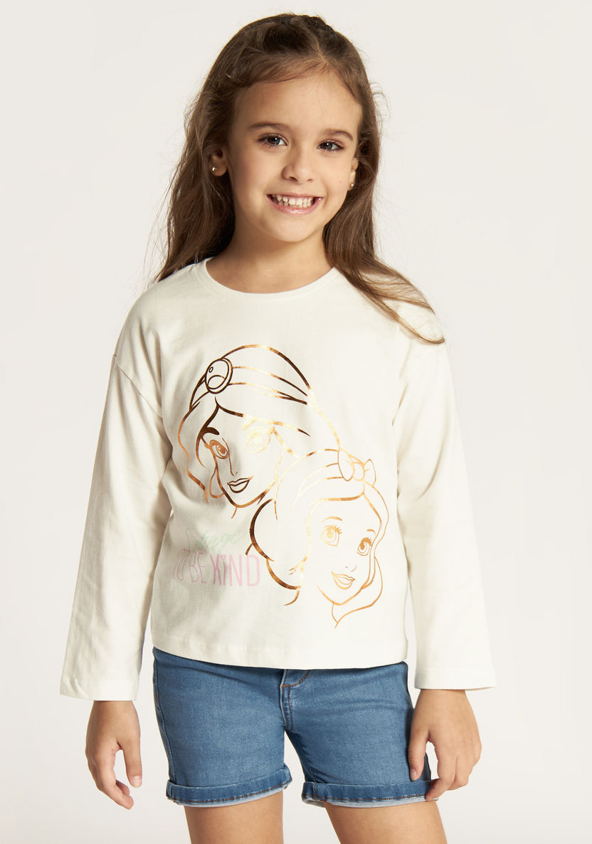 Disney Princess Print T-shirt with Crew Neck and Long Sleeves-T Shirts-image-1