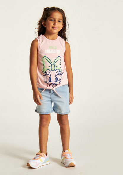 Daisy Duck Print Sleeveless T-shirt with Knot Detail and Crew Neck