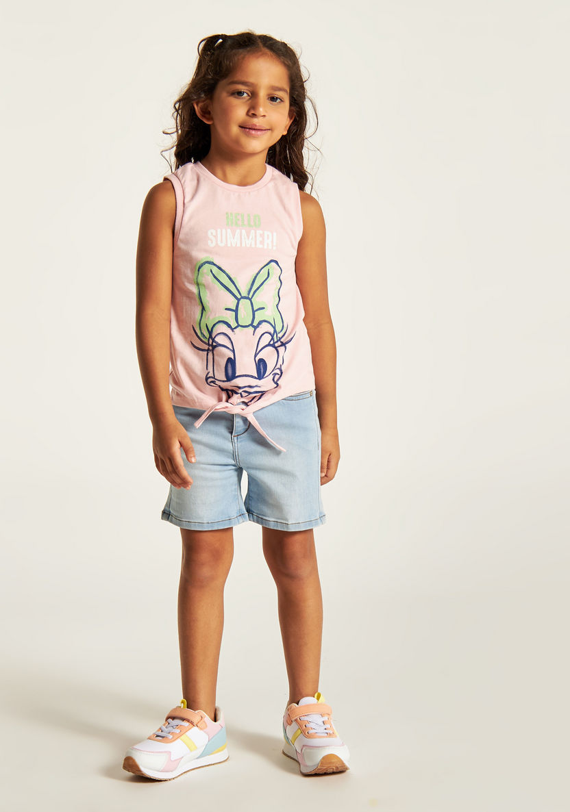 Daisy Duck Print Sleeveless T-shirt with Knot Detail and Crew Neck-T Shirts-image-0