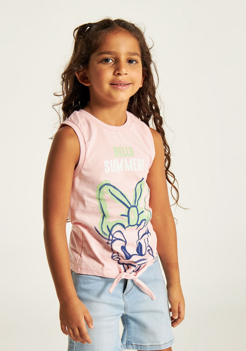 Daisy Duck Print Sleeveless T-shirt with Knot Detail and Crew Neck-T Shirts-image-1
