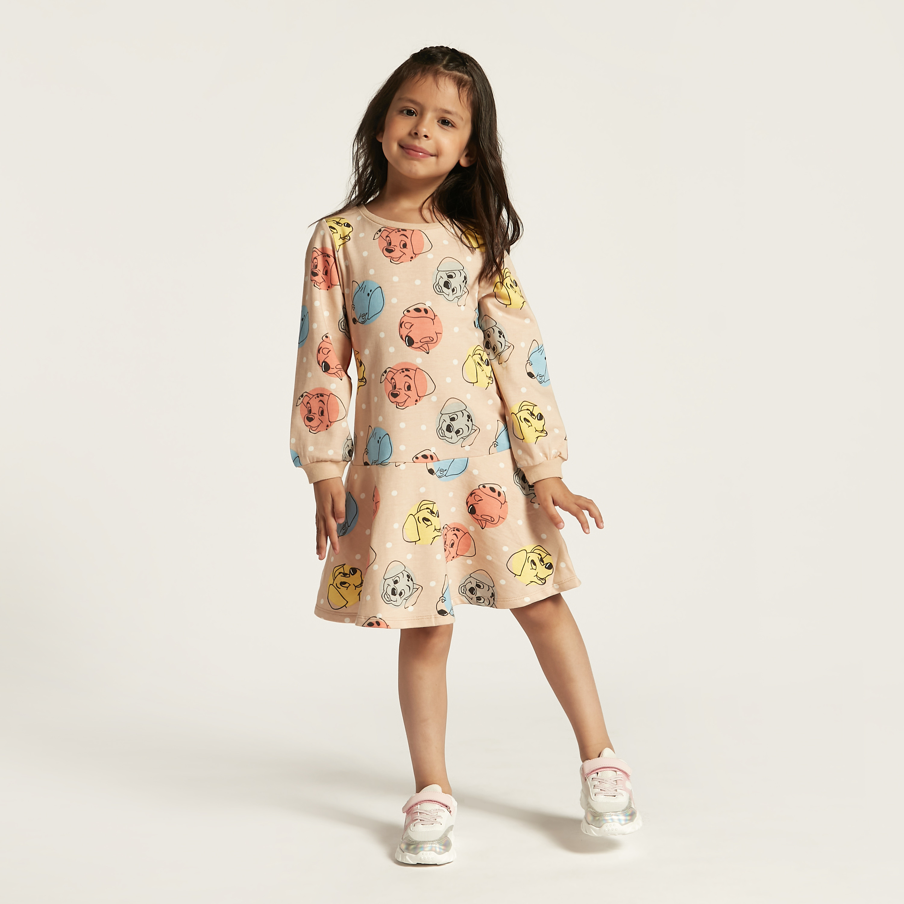 Disney 101 Dalmatians Print Drop Waist Dress with Long Sleeves-girls-clothing-dressesandjumpsuits-image-1
