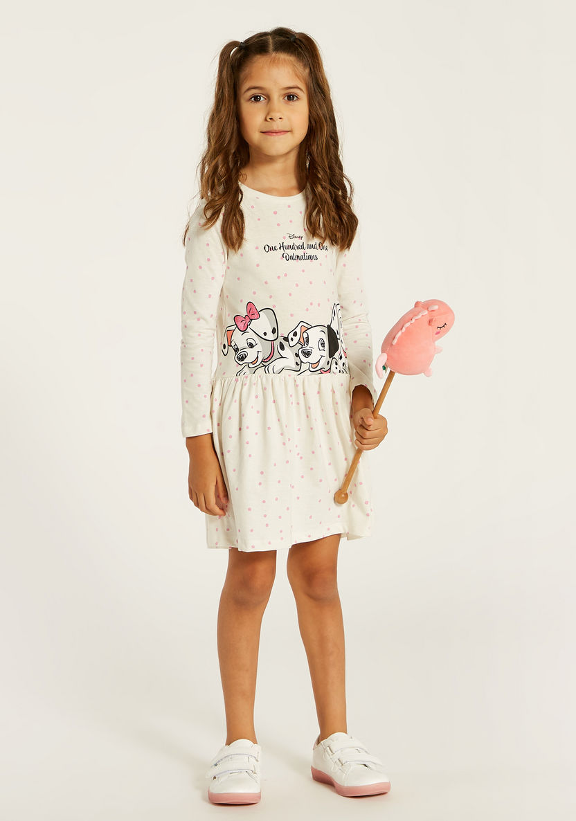 101 Dalmatians Print Dress with Round Neck and Long Sleeves-Dresses, Gowns & Frocks-image-0