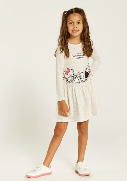 101 Dalmatians Print Dress with Round Neck and Long Sleeves
