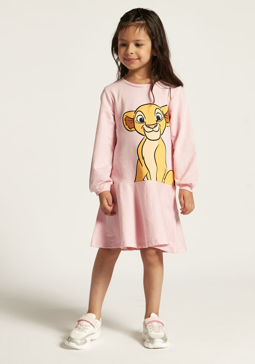 Simba Print Sweat Dress with Round Neck and Long Sleeves-Dresses, Gowns & Frocks-image-0