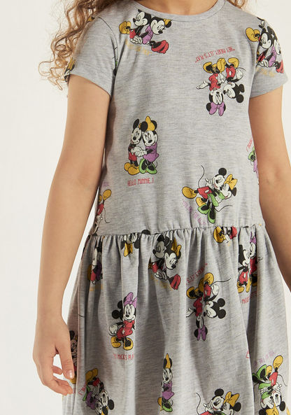 Disney Mickey and Minnie Mouse Print Dress with Crew Neck and Short Sleeves