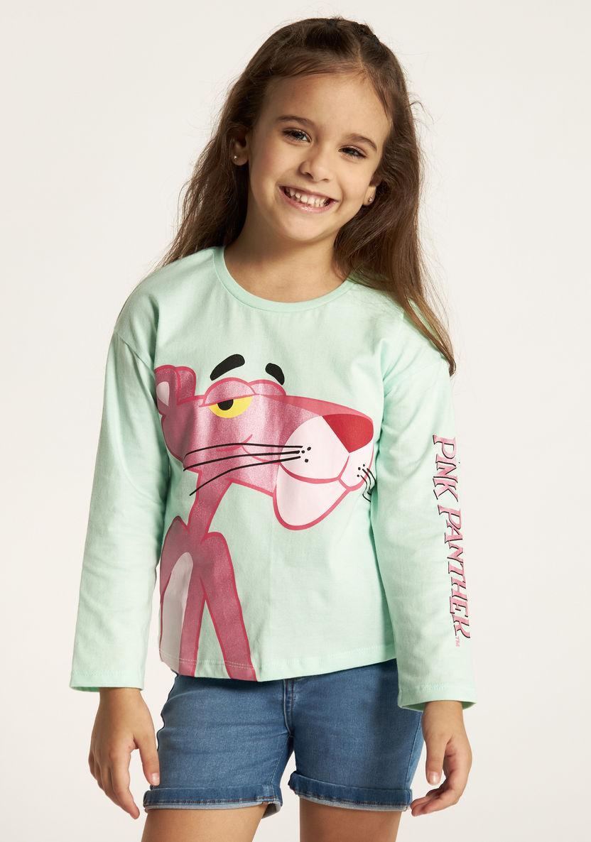 Pink Panther Print T-shirt with Round Neck and Long Sleeves-T Shirts-image-0