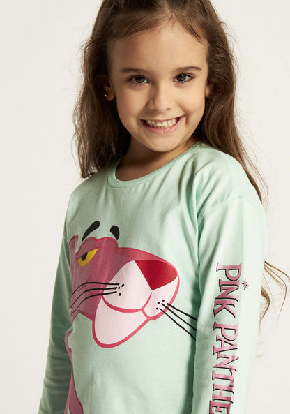 Pink Panther Print T-shirt with Round Neck and Long Sleeves-T Shirts-image-2