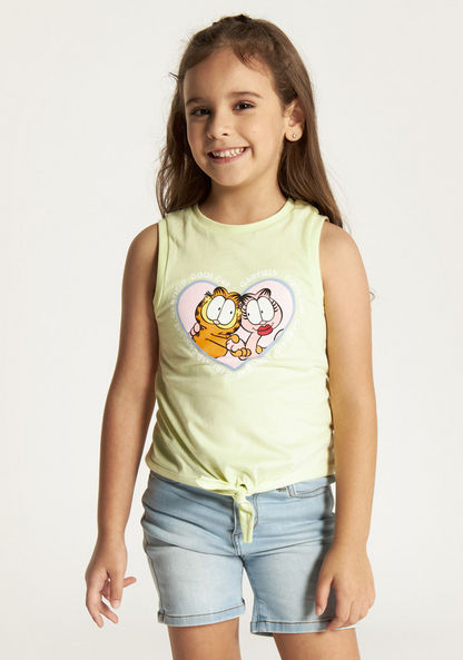 Garfield Print Sleeveless T-shirt with Crew Neck and Knot Detail