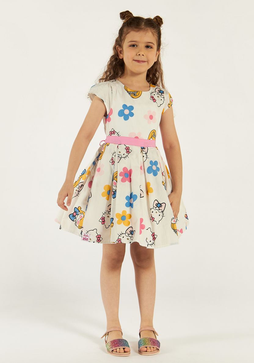 Sanrio Hello Kitty Print Crew Neck Dress with Short Sleeves and Belt-Dresses, Gowns & Frocks-image-1