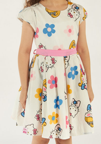 Sanrio Hello Kitty Print Crew Neck Dress with Short Sleeves and Belt