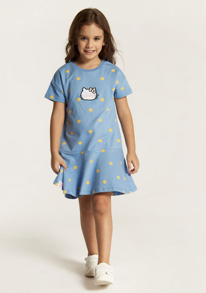 Sanrio Hello Kitty Print Drop Waist Dress with Short Sleeves-Dresses%2C Gowns and Frocks-image-1