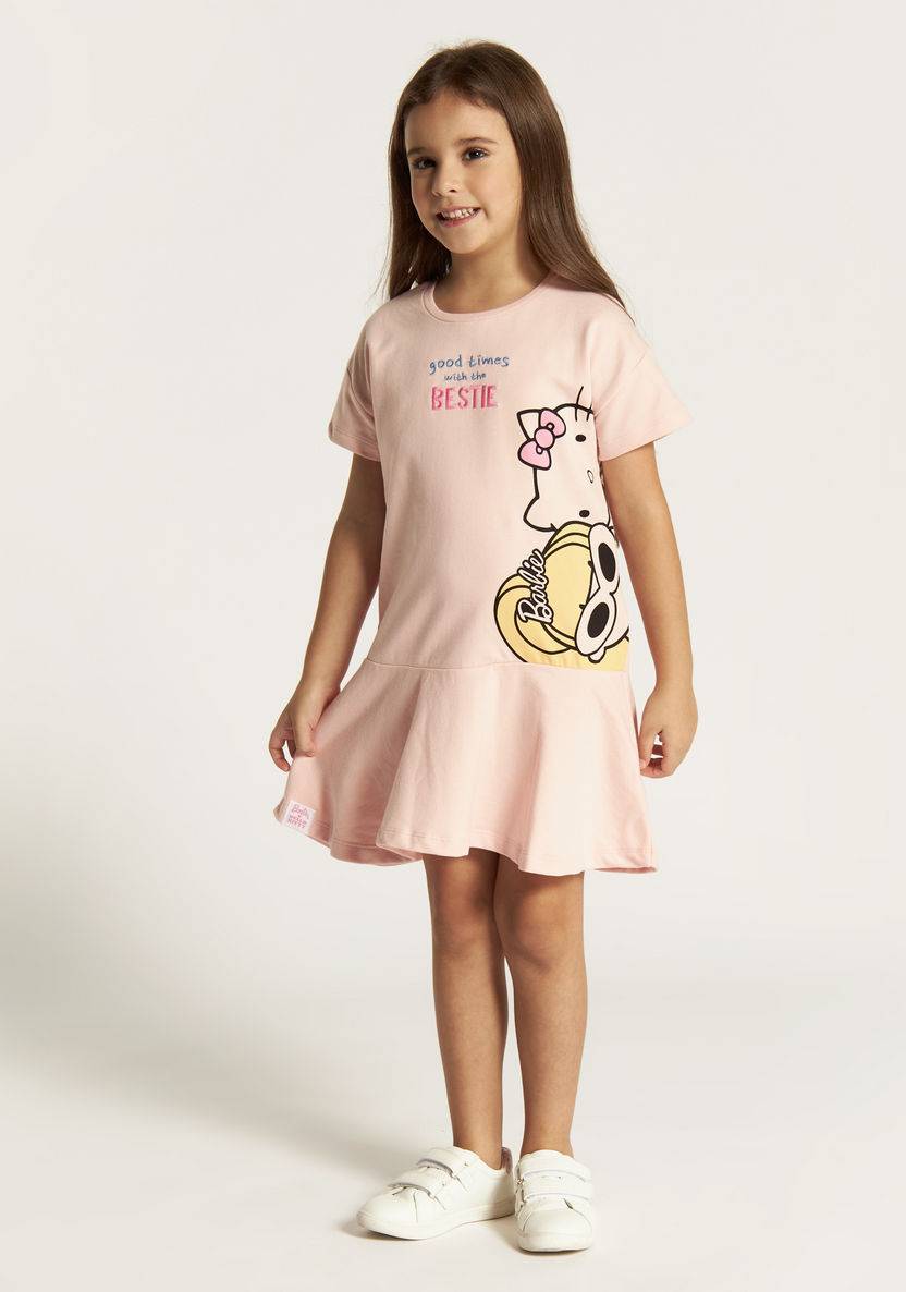 Sanrio Hello Kitty and Barbie Print A-line Dress with Short Sleeves-Dresses, Gowns & Frocks-image-1