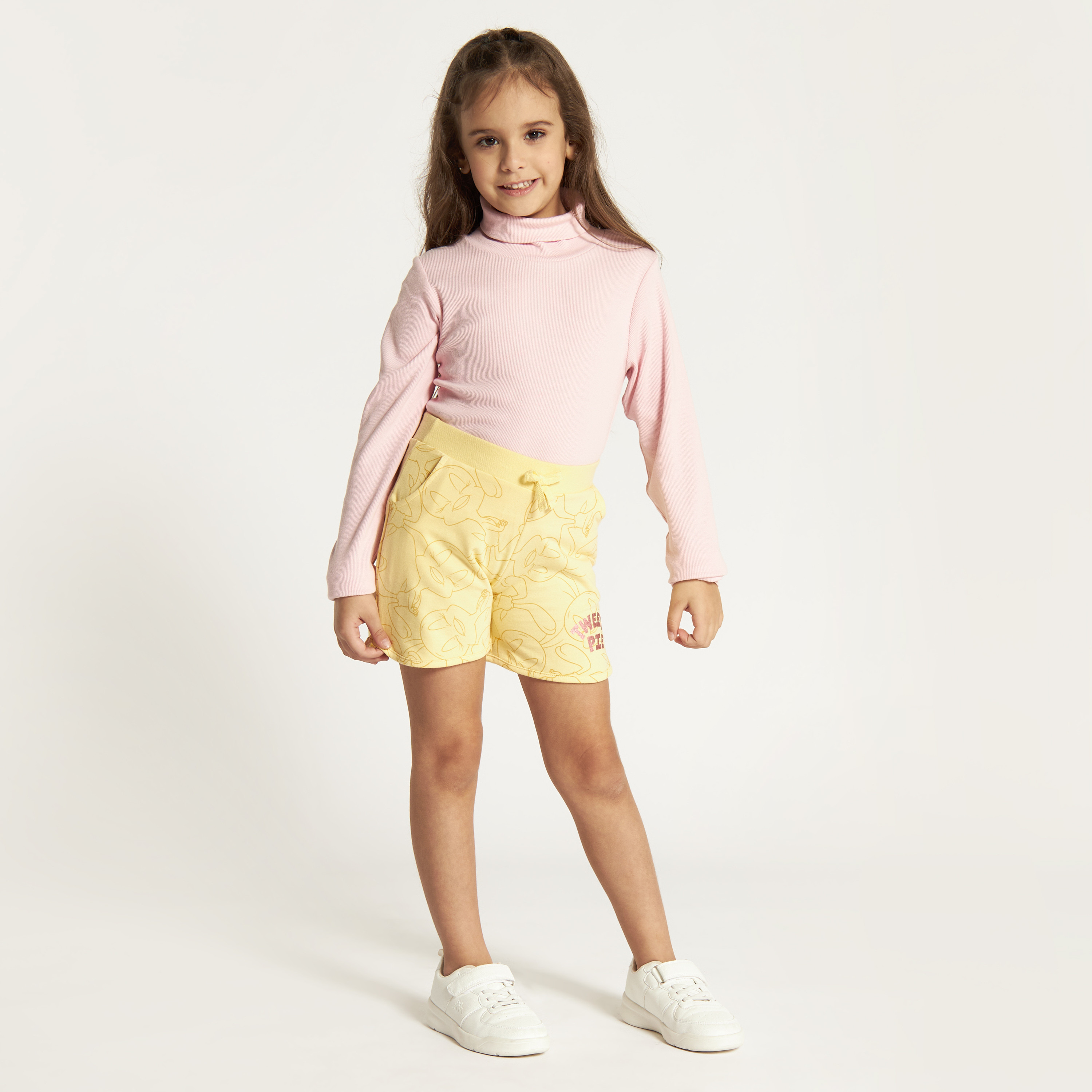 Tweety Print Mid-Rise Shorts with Drawstring Closure and Pockets-baby-girls-clothing-bottoms-shorts-image-1