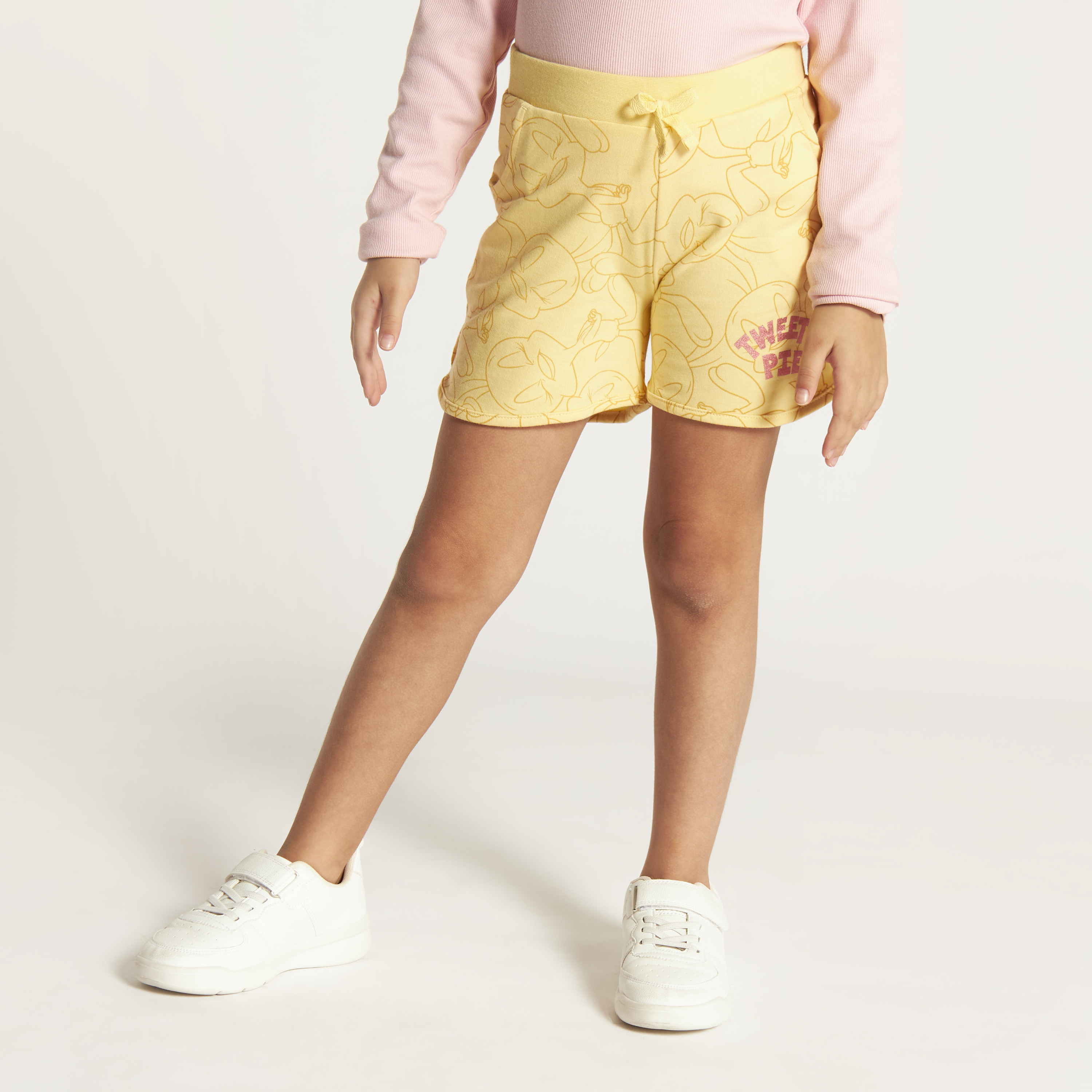 Tweety Print Mid-Rise Shorts with Drawstring Closure and Pockets-baby-girls-clothing-bottoms-shorts-image-2