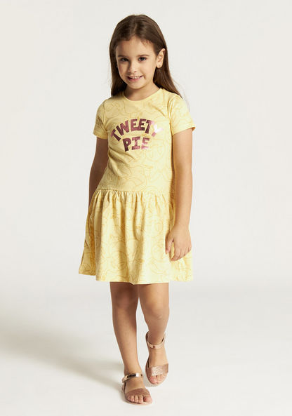 Tweety Foil Print Dress with Short Sleeves and Round Neck