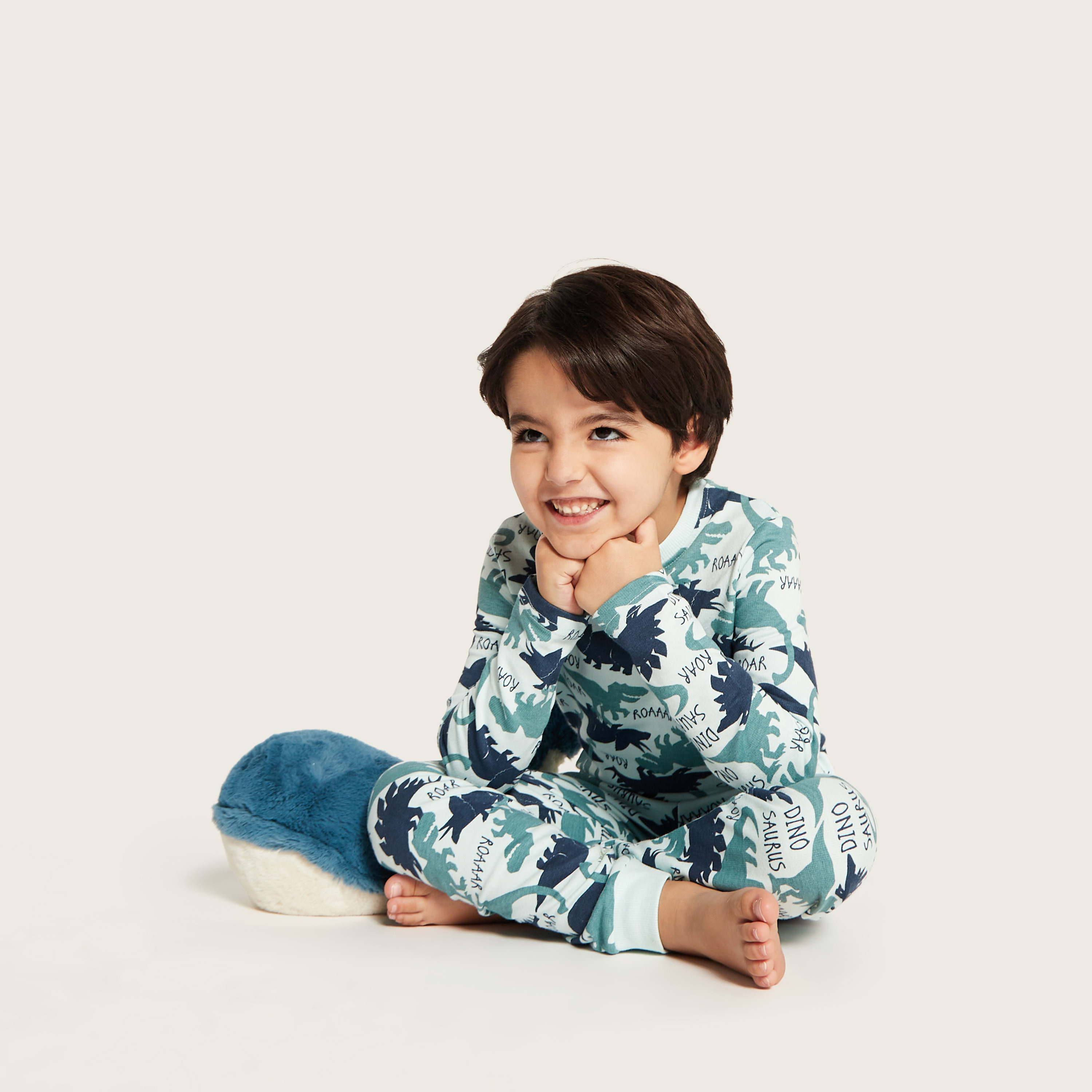 Juniors Dinosaur Print Long Sleeves T-shirt and Pyjama Set-boys-clothing-nightwear-image-1