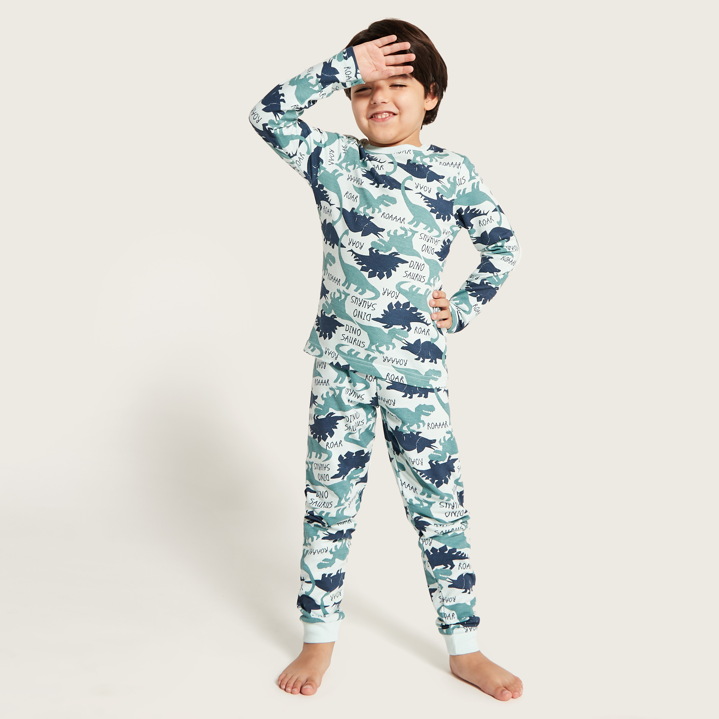 Juniors Dinosaur Print Long Sleeves T-shirt and Pyjama Set-boys-clothing-nightwear-image-2
