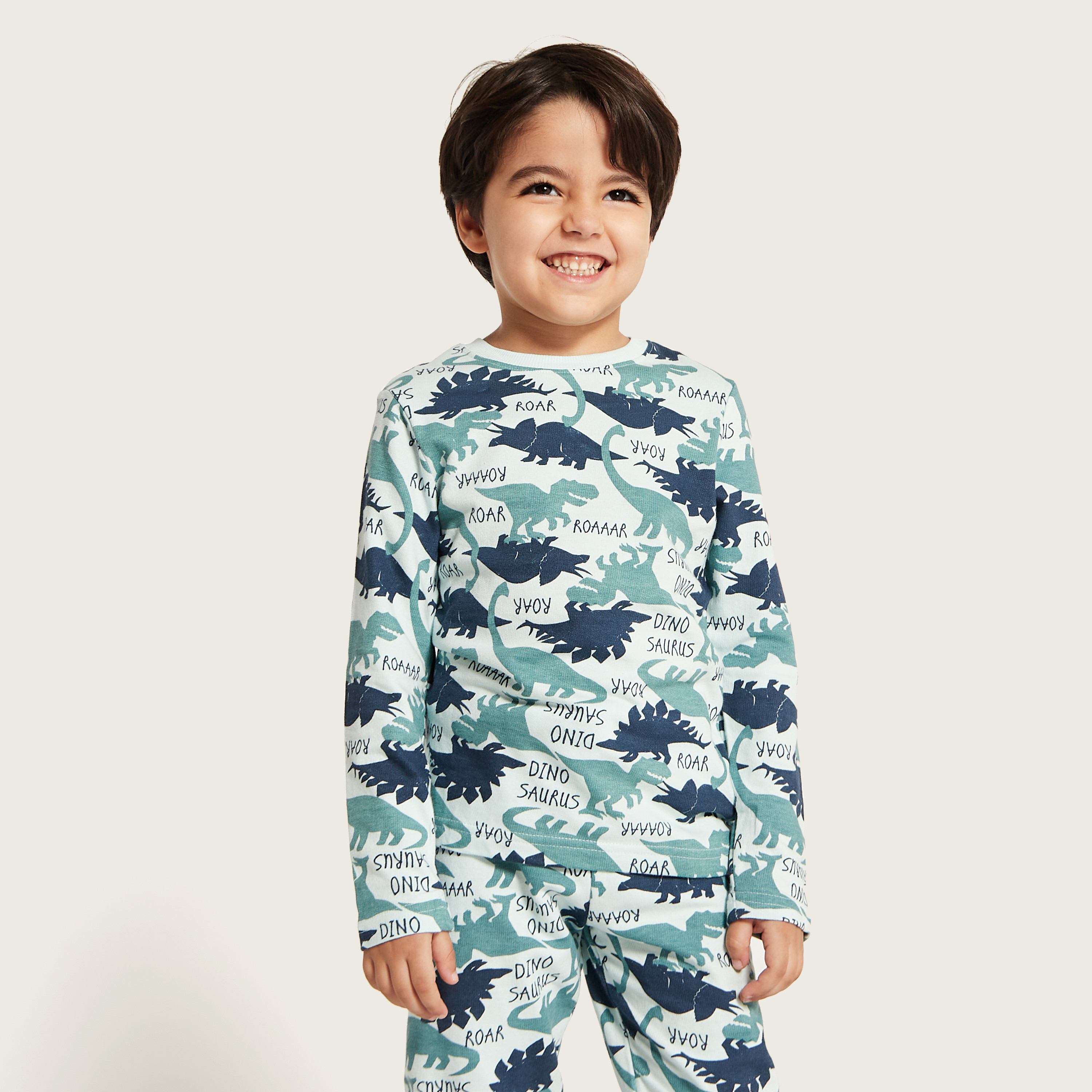 Juniors Dinosaur Print Long Sleeves T-shirt and Pyjama Set-boys-clothing-nightwear-image-3