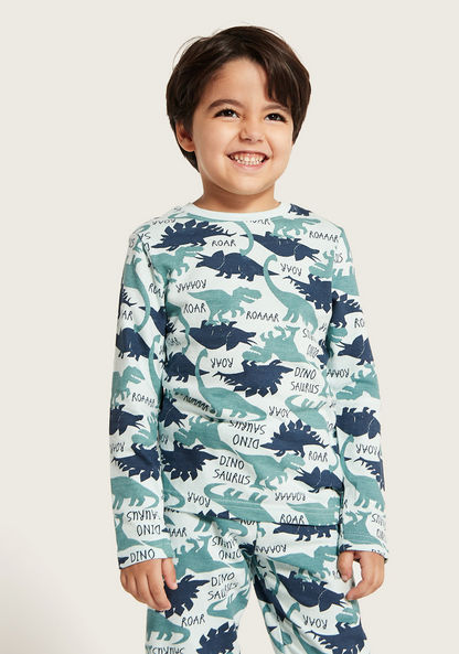 Juniors Dinosaur Print Long Sleeves T-shirt and Pyjama Set-Pyjama Sets-image-2